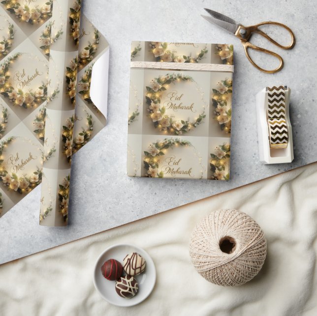 Happy Eid Mubarak White Hilal Wrapping  Paper  Presentpapper (Hantverk)