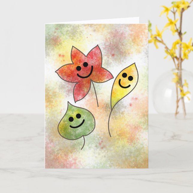 Happy Fall Card with Smiling Autumn Leaves         Kort (Gul blomma)