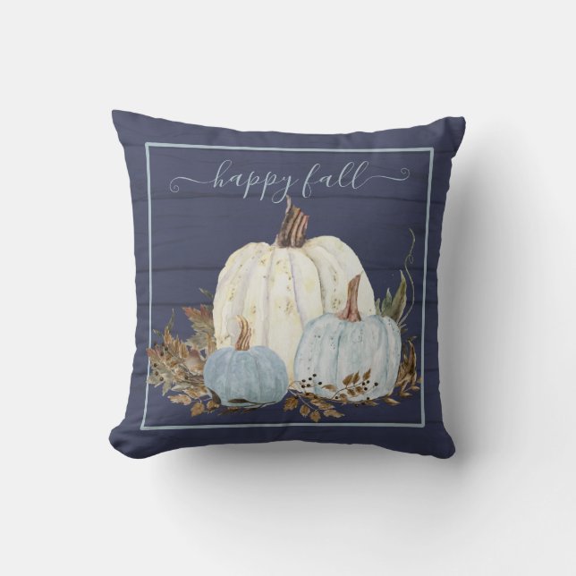 Happy Fall Navy Blue White Pumpkins Rustic Wood Kudde (Framsida)
