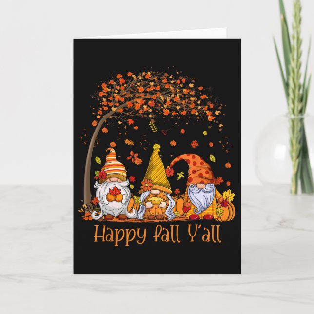 Happy Fall Y'all Gnome Pumpkin Autumn Leaves Thank Kort (Framsida)
