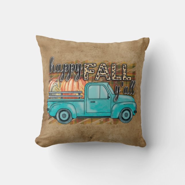 Happy Fall Y'all Pumpkin Farm Truck Throw Pillow Kudde (Framsida)