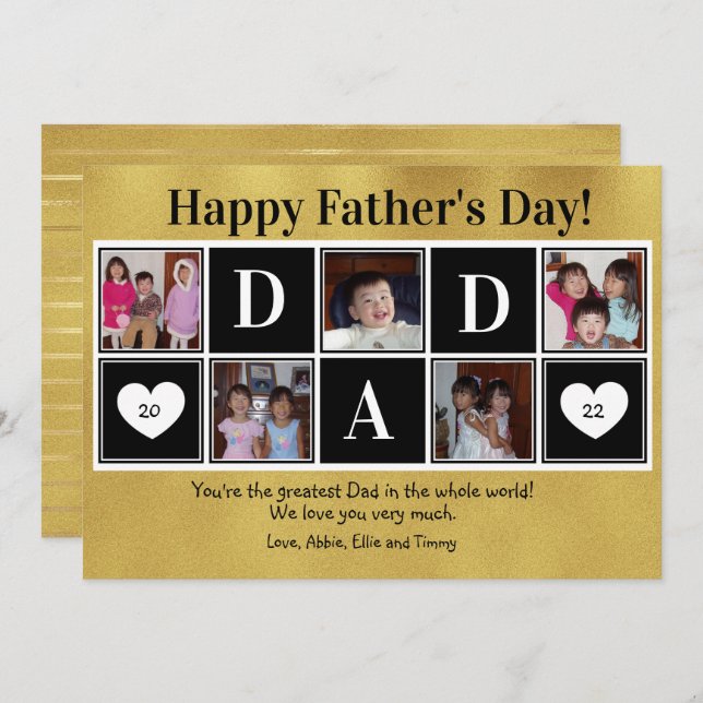 Happy Father's Day 5 Photo Gold Flat Greeting Card Kort (Fram/baksida)