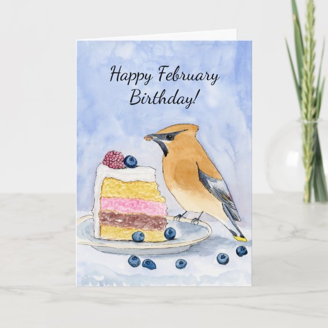  Happy February Birthday Cedar Waxwing Cake Kort (Framsida)