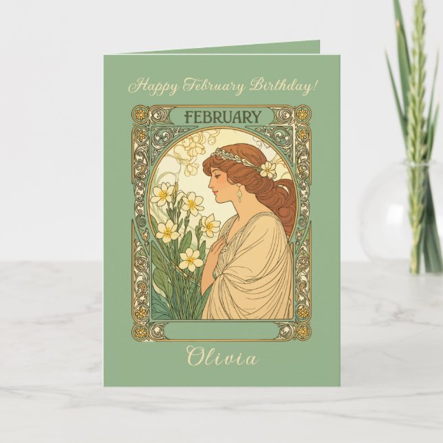 Happy February Birthday Primrose Flowers Art Nouve Kort (Framsida)