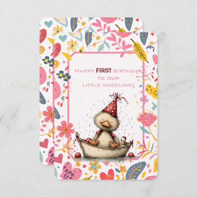 Happy First Birthday Our Little Duckling Inbjudningar (Fram/baksida)