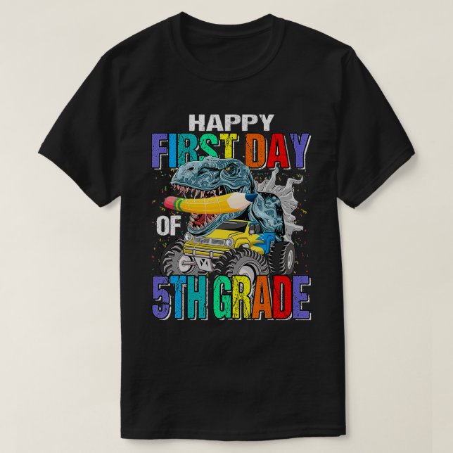 Happy First Day Of 5th Grade Monster Truck Dinosau T Shirt (Design framsida)