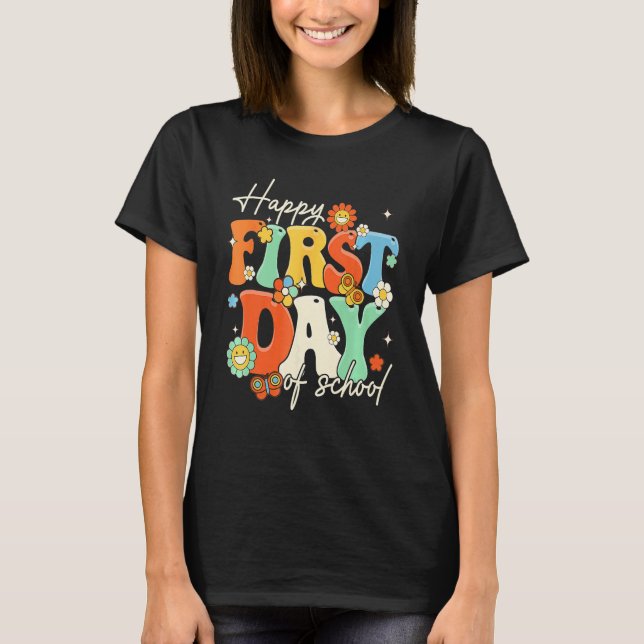 Happy First Day Of School Retro Groovy  Teacher St T Shirt (Framsida)