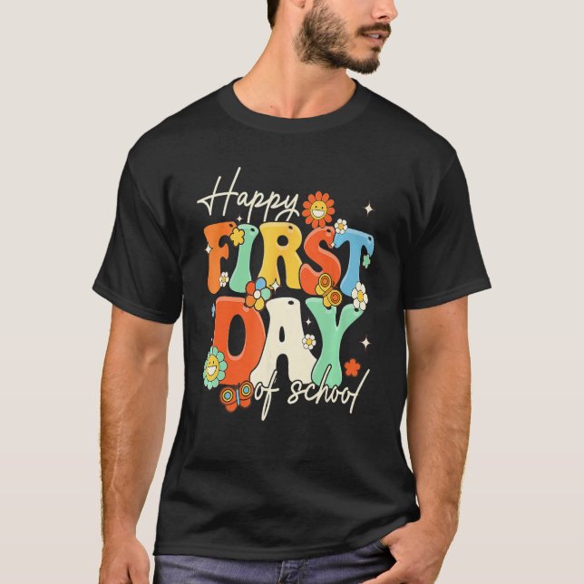 Happy First Day Of School Retro Groovy  Teacher St T Shirt (Framsida)