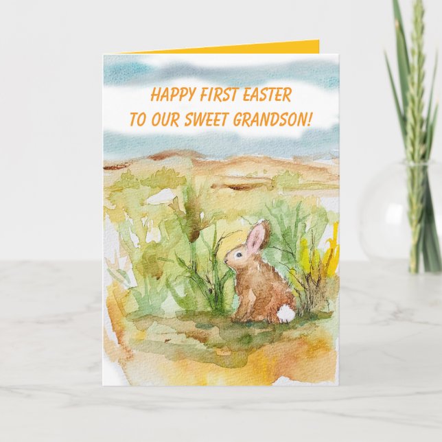 Happy First Easter Grandson Rabbit Wildflowers Kort (Framsida)