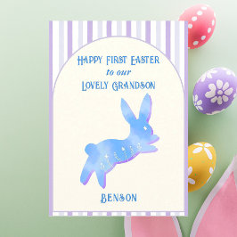 Happy First Easter Grandson Watercolor Blue Bunny  Julkort
