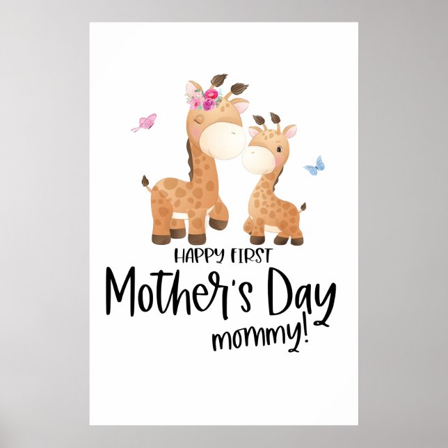 Happy First Mother’s Day 🦒 Giraffe + Butterflies Poster (Framsidan)