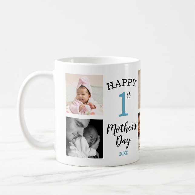 Happy First Mother's Day Blue 8 Photo Collage Kaffemugg (Vänster)