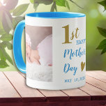 Happy First Mother's Day Blue And Gold  2 Photo  Mugg<br><div class="desc">A cute photo mug gift for new mommy personalized for her 1st mother's day .</div>
