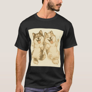 Happy Fluffy Duo Dogs Illustration LeviPippi vinta T Shirt