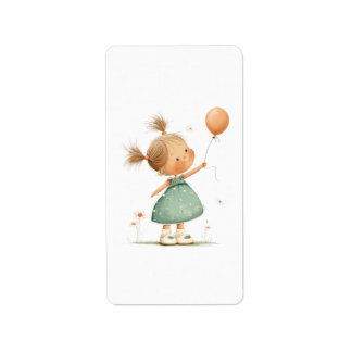 Happy Girl with Balloon Watercolor Adressetikett