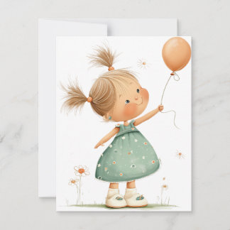Happy Girl with Balloon Watercolor OSA Kort
