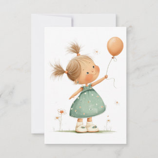 Happy Girl with Balloon Watercolor Tack Kort