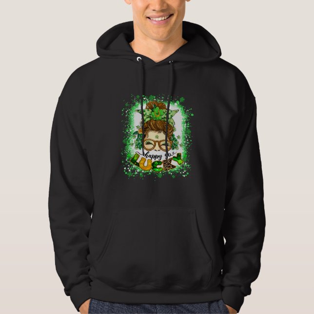 Happy go Lucky Messy Bun Girl Irish St Patricks Da Hoodie (Framsida)