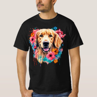 Happy Golden Retriever Colorful Floral Splash T Shirt