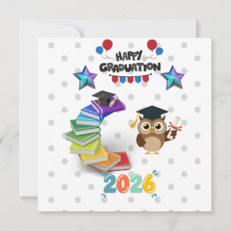 Happy Graduation 2026 - Cute Owl & Books Inbjudningar