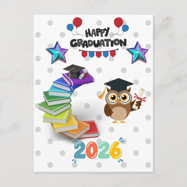 Happy Graduation 2026 - Cute Owl & Books  Vykort (Framsida)