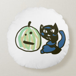 Happy Green Jack o Lantern Black Cat  Rund Kudde