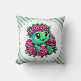 Happy Green Turtle with Pink Roses Kudde