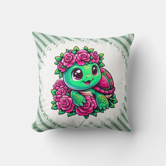 Happy Green Turtle with Pink Roses Kudde (Framsida)
