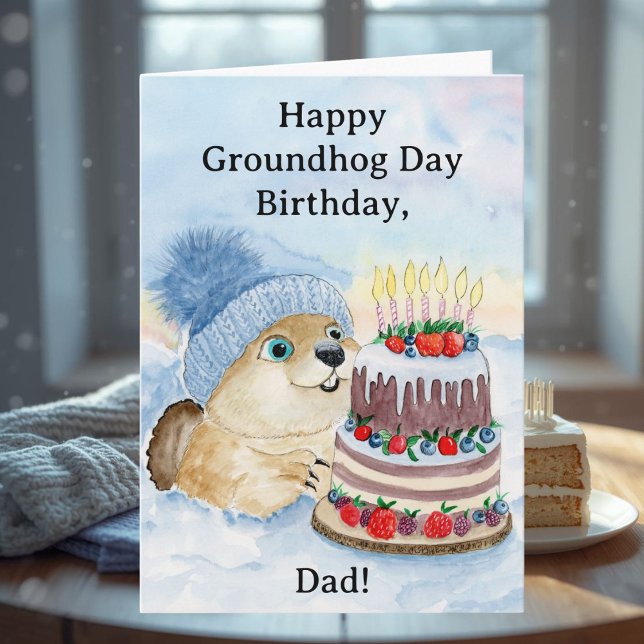 Happy Groundhog Day Birthday Groundhog with Cake Kort (Skapare uppladdad)