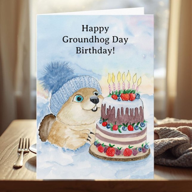 Happy Groundhog Day Birthday Groundhog with Cake Kort (Skapare uppladdad)