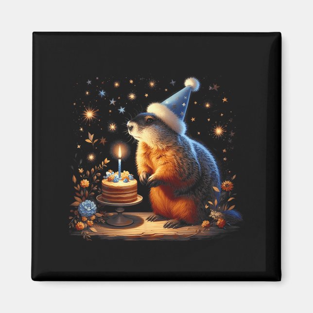 Happy Groundhog Day Ground Hog With Birthday Cake  Magnet (Framsidan)