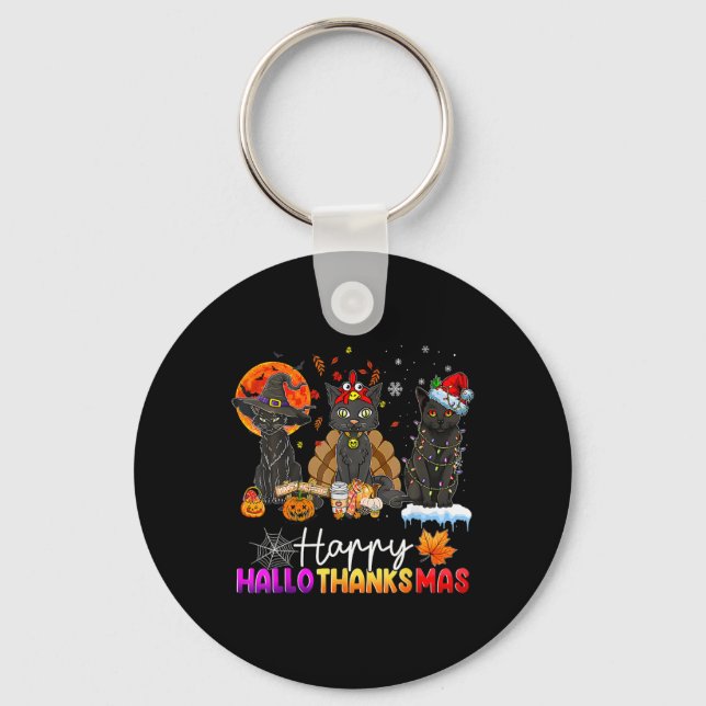 Happy Hallothanksmas Black Cat Halloween Thanksgiv Nyckelring (Framsida)