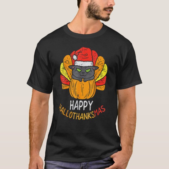 Happy Hallothanksmas Cat Turkey Cat Thanksgiving C T Shirt (Framsida)