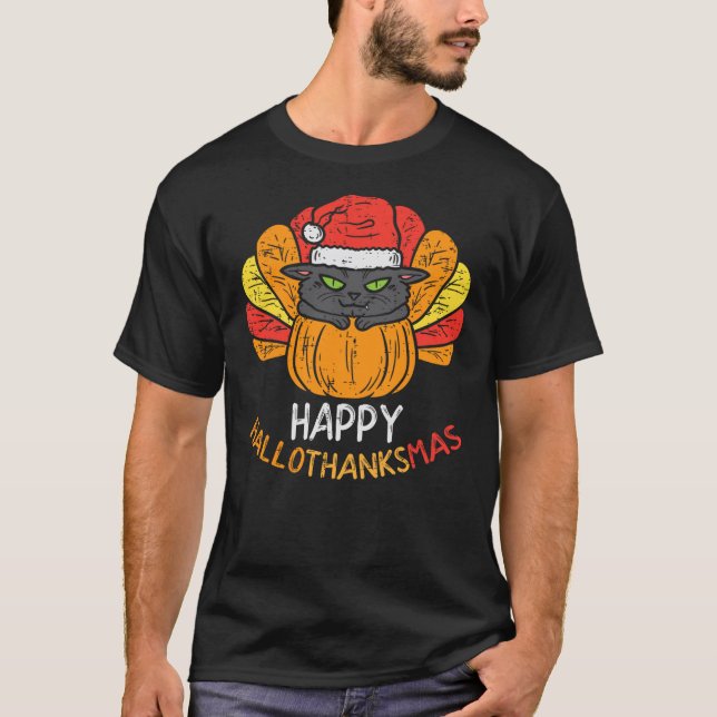 Happy Hallothanksmas Cat Turkey Cat Thanksgiving C T Shirt (Framsida)