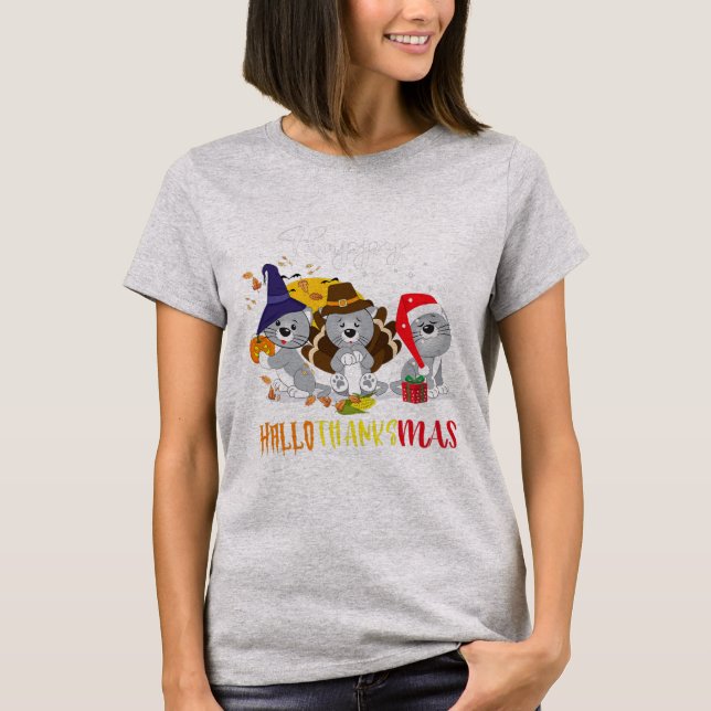 Happy Hallothanksmas cats Halloween Christmas T Shirt (Framsida)