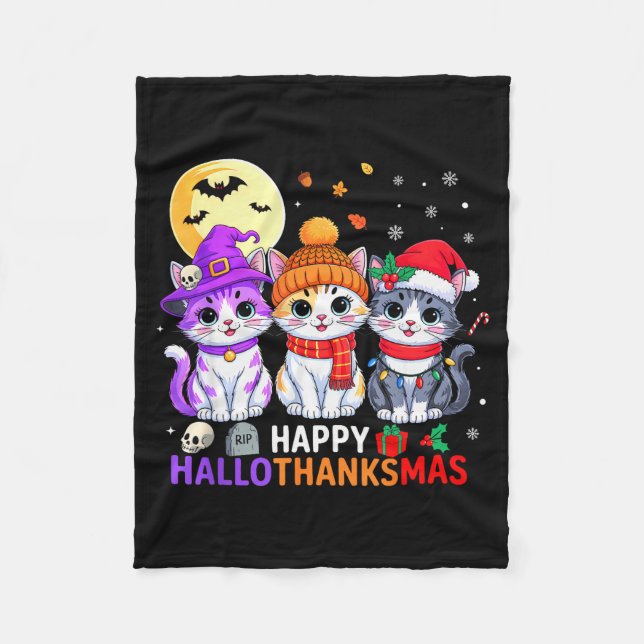 Happy Hallothanksmas Cats Halloween Thanksgiving C Fleecefilt (Framsidan)