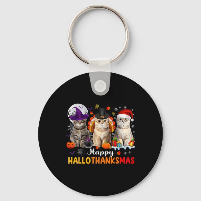 Happy Hallothanksmas Cats Halloween Thanksgiving C Nyckelring (Framsida)