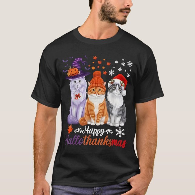 Happy HalloThanksMas Cats Halloween Thanksgiving C T Shirt (Framsida)
