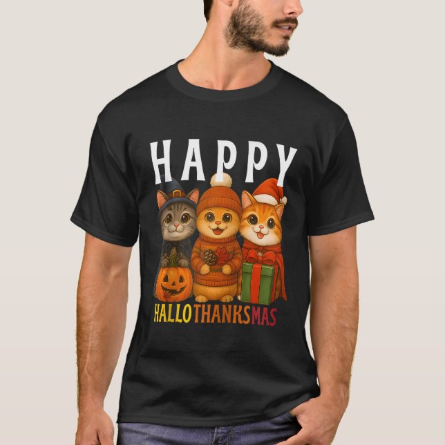 Happy Hallothanksmas Cats Halloween Thanksgiving C T Shirt (Framsida)