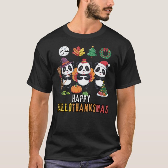 Happy Hallothanksmas Christmas Halloween, Panda Th T Shirt (Framsida)