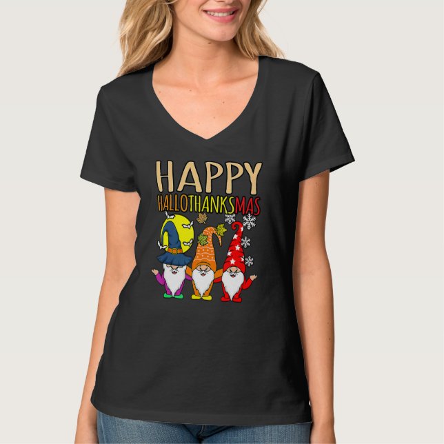 Happy Hallothanksmas Christmas Halloween Thanksgiv T Shirt (Framsida)