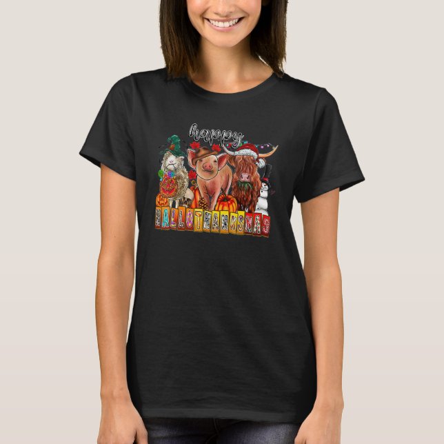 Happy Hallothanksmas Coffee Pig Cow Highland Sheep T Shirt (Framsida)