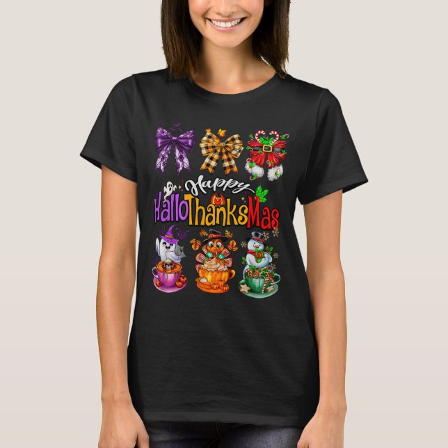 Happy Hallothanksmas Coquette Bow Coffee Latte Can T Shirt (Framsida)