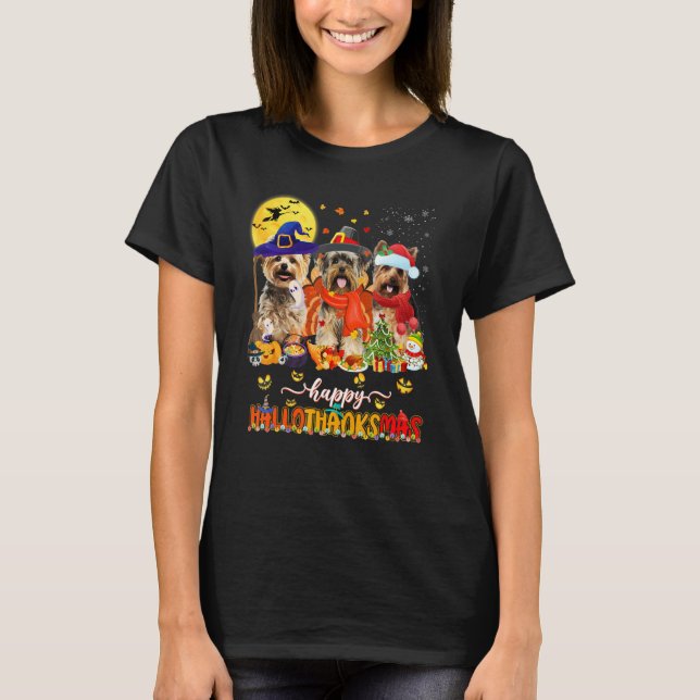 Happy Hallothanksmas Cute Yorkie Wizard Hat Turkey T Shirt (Framsida)