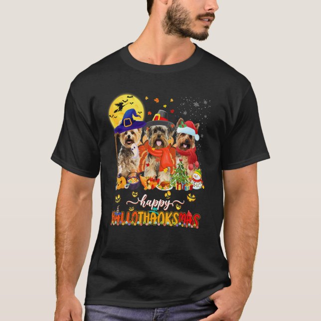 Happy Hallothanksmas Cute Yorkie Wizard Hat Turkey T Shirt (Framsida)