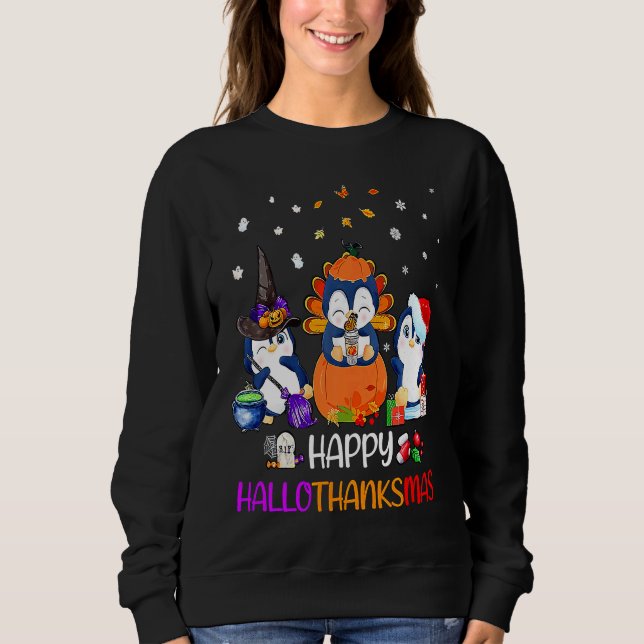 Happy HalloThanksMas Fall Pumpkin  Penguin T Shirt (Framsida)