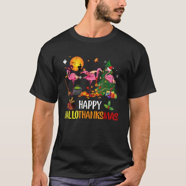 Happy Hallothanksmas Flamingo Thanksgiving Xmas Ha T Shirt (Framsida)