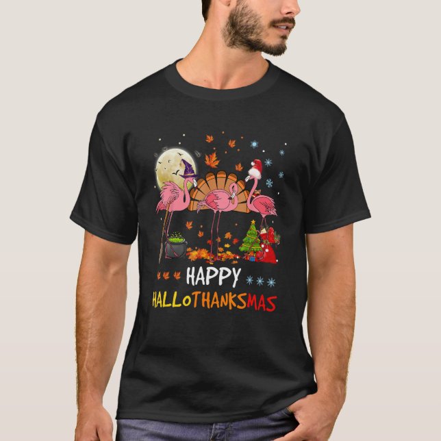 Happy Hallothanksmas Flamingo Thanksgiving Xmas Ha T Shirt (Framsida)