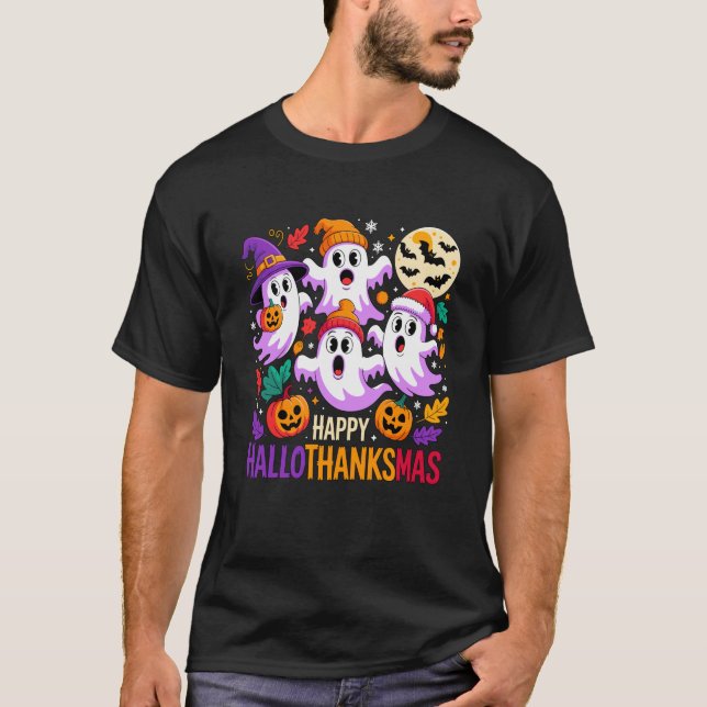 Happy Hallothanksmas Ghosts And Pumpkins Swea T Shirt (Framsida)
