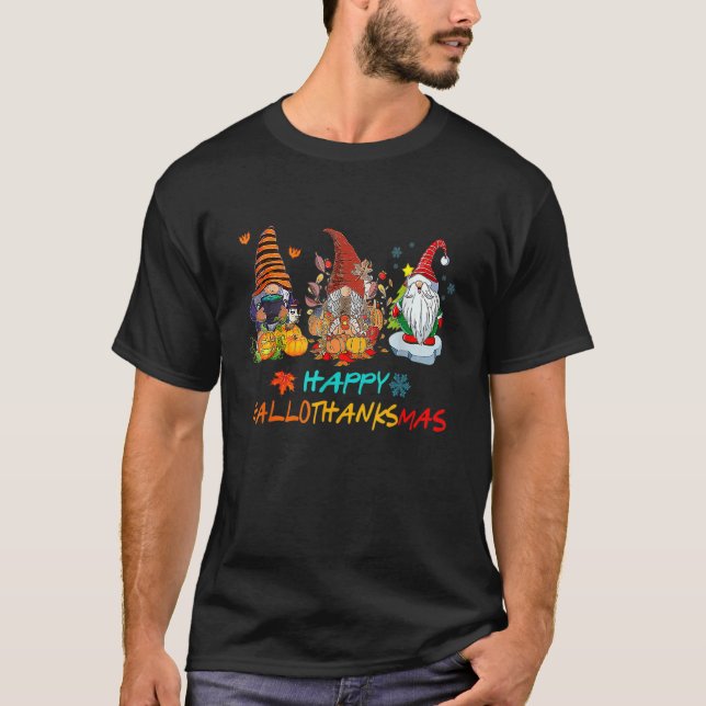 Happy Hallothanksmas Gnomes  Witch Santa Hat Pumpk T Shirt (Framsida)